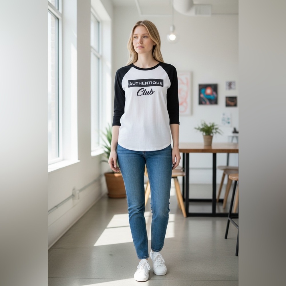 Be•You•ti•ful "Authentique Club" Black and White Raglan Tee